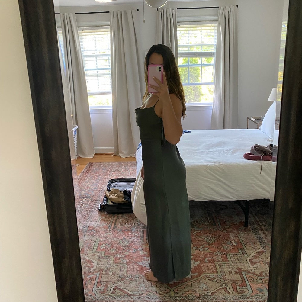 BHLDN Cali Satin Cowl-Neck Midi Slip Dress Size 8 Olive Green/Forrest - Picture 3 of 4